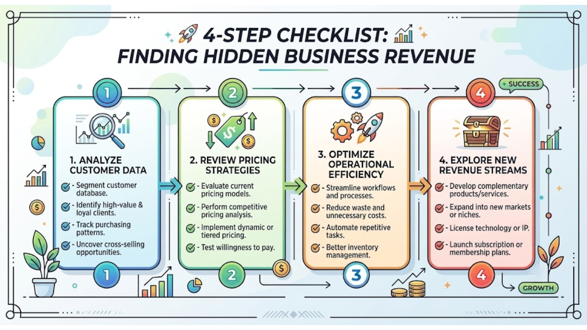 4-step checklist diagram outlining how small business owners can audit sales data and reactivate old leads