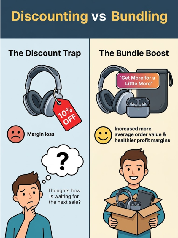 An infographic illustrating the difference between discounting and bundling products. Discounting is shown as reducing margins and training customers to wait for sales. Bundling is shown as increasing order value by providing more value to customers without cutting prices.