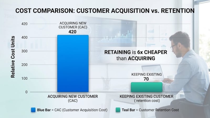 Infographic comparing the 5x to 25x cost difference between acquiring new customers and reactivating existing customers