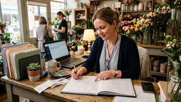 Small business owner at desk analyzing customer database records for small business revenue growth consulting