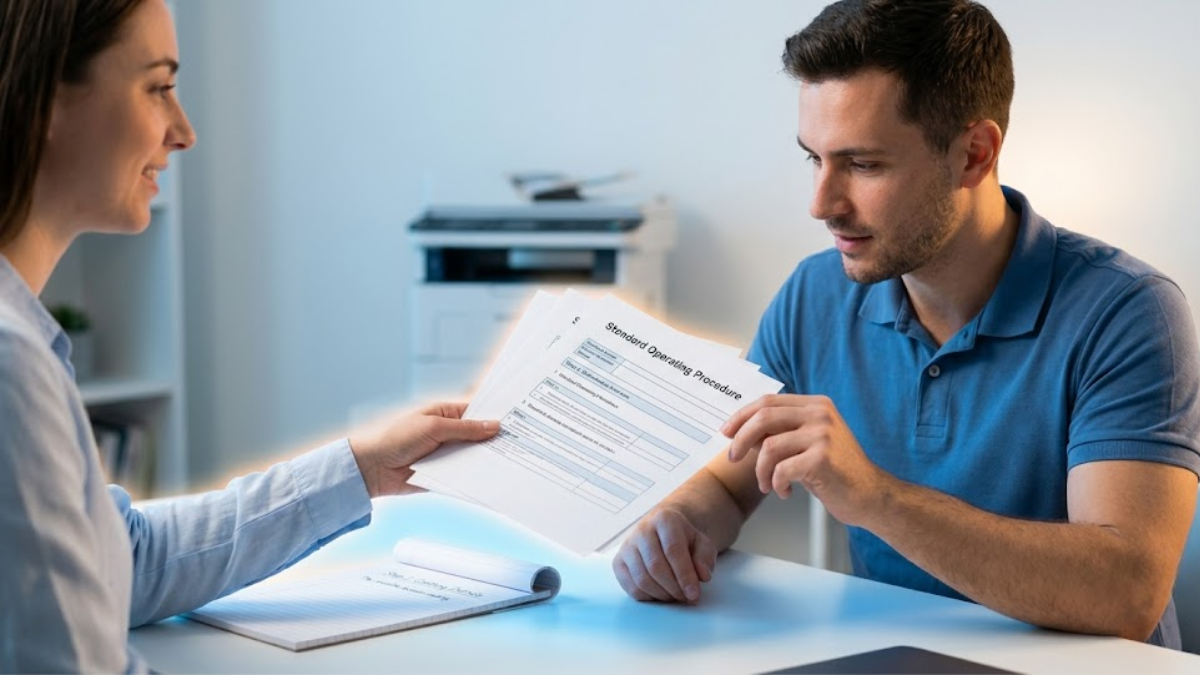 Small business owner hands a documented checklist form (SOP) to an employee in a blue shirt, completing the 'hand it off' step without explanation. This visualization supports 'documented business processes for small business' to scale without increasing owner hours.