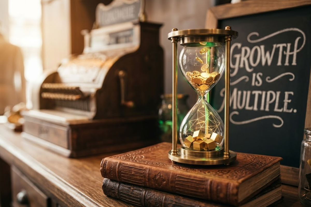 A close-up photograph of a custom brass hourglass visualizing revenue growth factors for small business. Glowing golden points flow down, illustrating that total revenue is customers multiplied by spend and frequency, not just traffic.