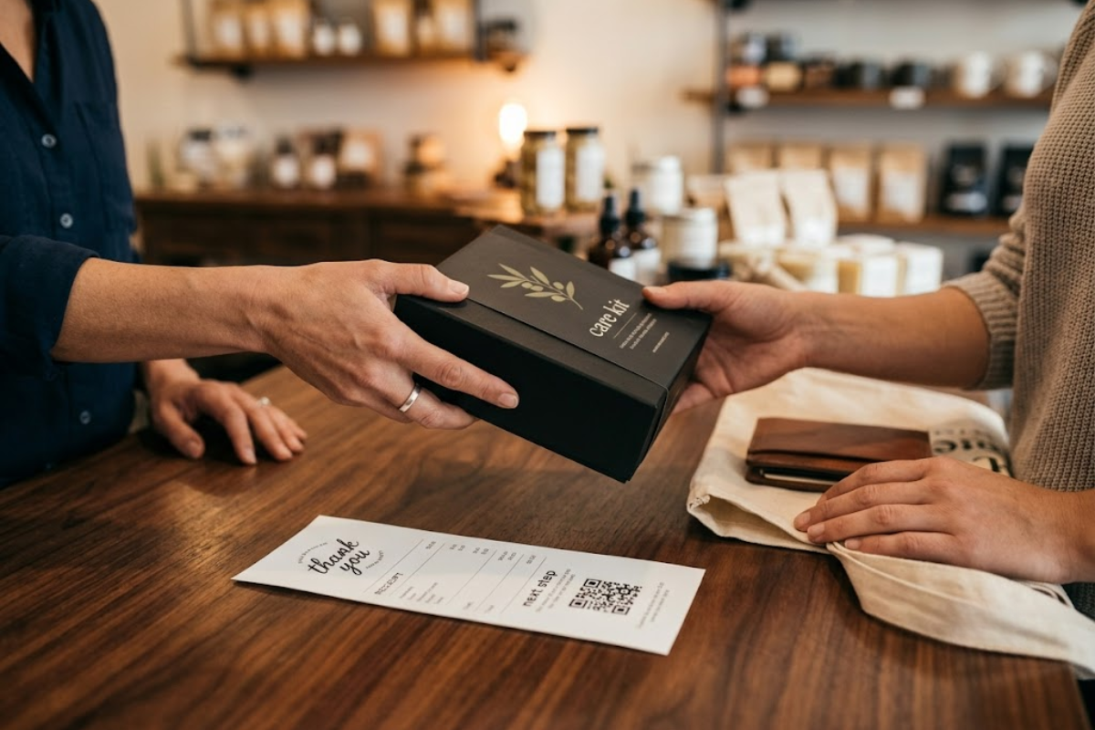 A detailed close-up of a small business transaction. An owner’s hand places a branded 'care kit' box (an cross-sell) next to the customer’s main purchase, visualizing a thoughtful, relevant offer that increases revenue without feeling pushy.
