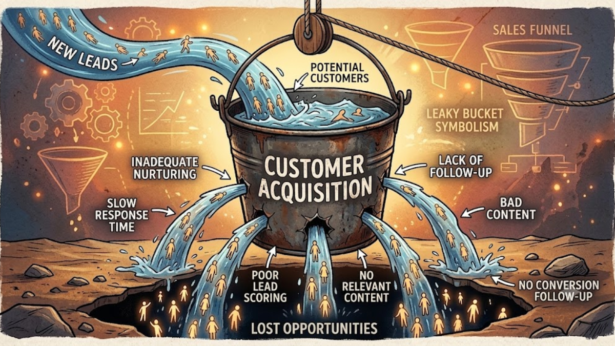 Vector illustration of a leaky bucket demonstrating wasted ad spend on unpatched customer churn