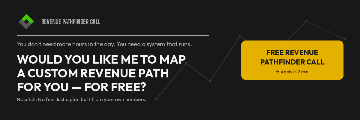 Revenue Pathfinder Call banner inviting readers to build a business system that runs without more of the owner's time.