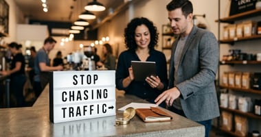Small business owner reviewing sales totals and order sizes at a counter