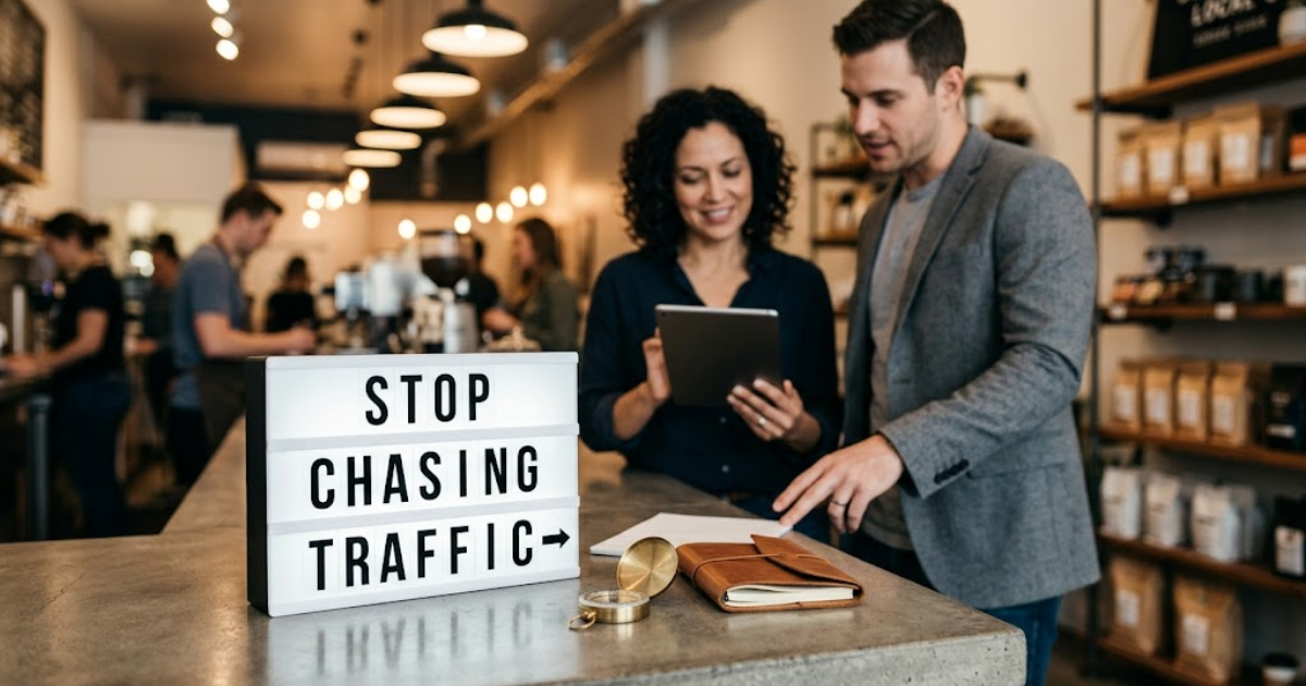 A revenue growth consultant for small business (left) and an owner (right) in a workshop, analyzing a compass and notebook that reads 'Find Hidden Revenue'. The image emphasizes moving beyond ad spend.