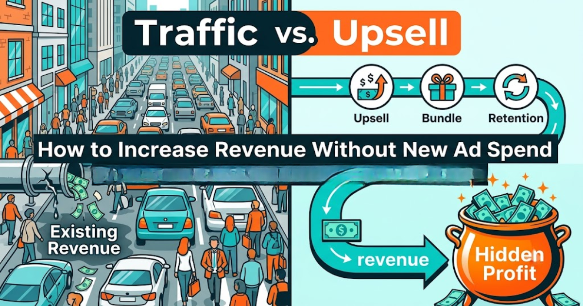 An infographic illustrating the difference between focusing on acquisition and focusing on existing customer value. On the left, traffic leaks from a broken pipe labeled Existing Revenue. On the right, a structured path labeled Upsell, Bundle, Retention leads to an overflowing pot labeled Hidden Profit.